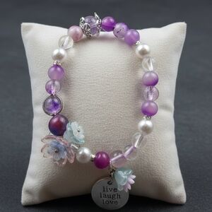 Purple and Silver Beaded Bracelet with Charm